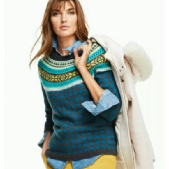 Talbots Womens Fair Isle Wool Blend 3/4 Sleeves Crew Sweater Medium Petite Blue - Picture 8 of 8